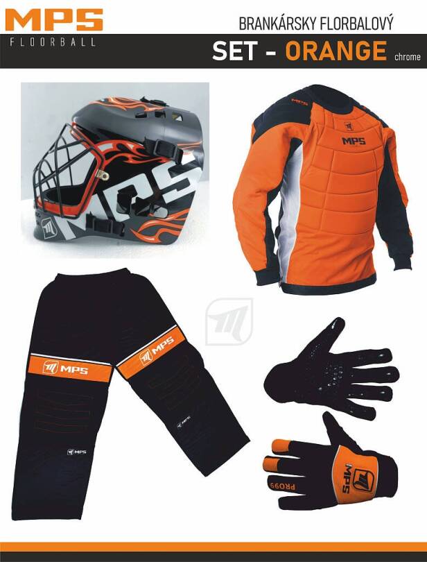 MPS Orange zestaw bramkarski + Pro Flame - Black/Orange + Unihokejowe rękawice MPS