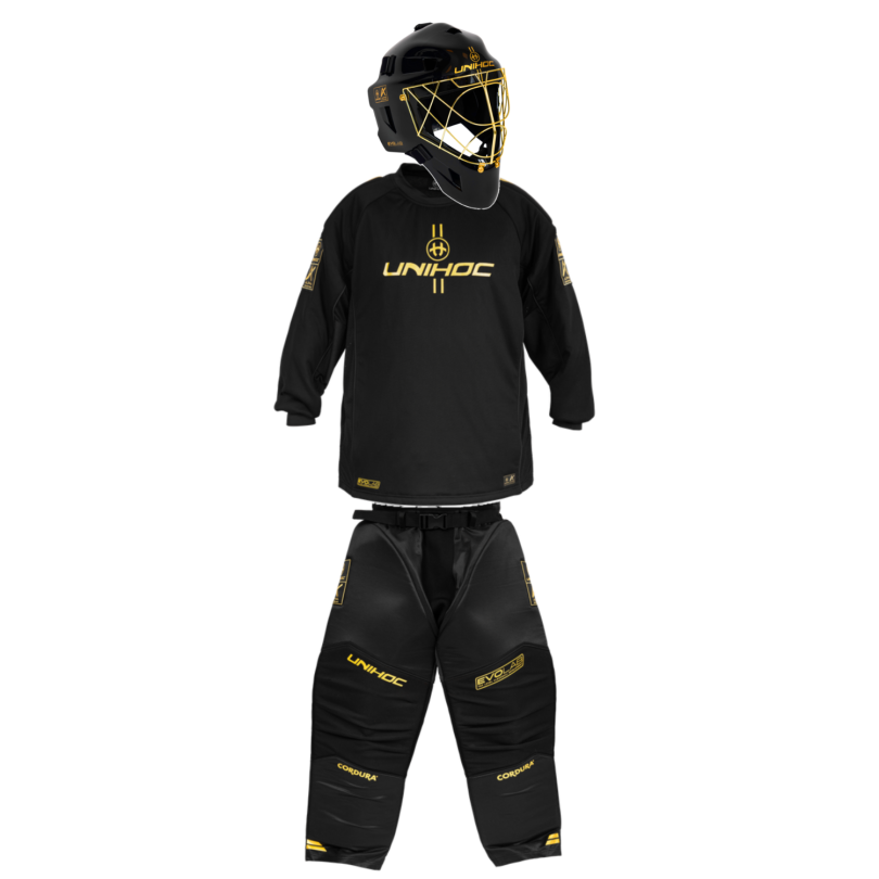 Unihoc zestaw bramkarski Alpha Evolab Black/gold + kask Unihoc Alpha Prime Evolab Gold