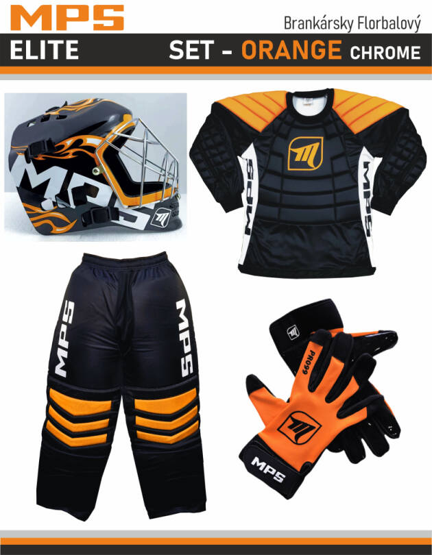 MPS ELITE zestaw bramkarski Orange + kask Pro Flame - Orange/Chrome + Unihokejowe rękawice MPS
