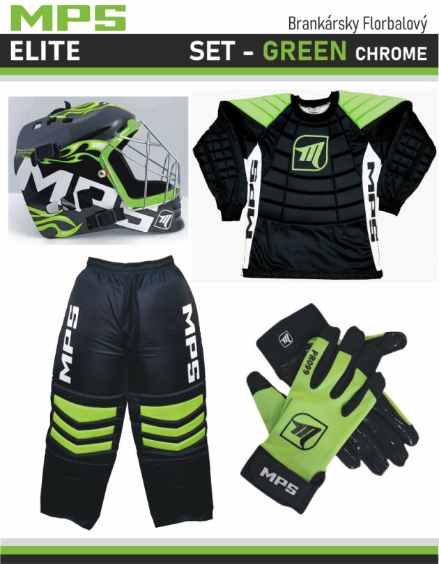 MPS ELITE zestaw bramkarski Green + kask Pro Flame - Green /Chrome + Unihokejowe rękawice MPS