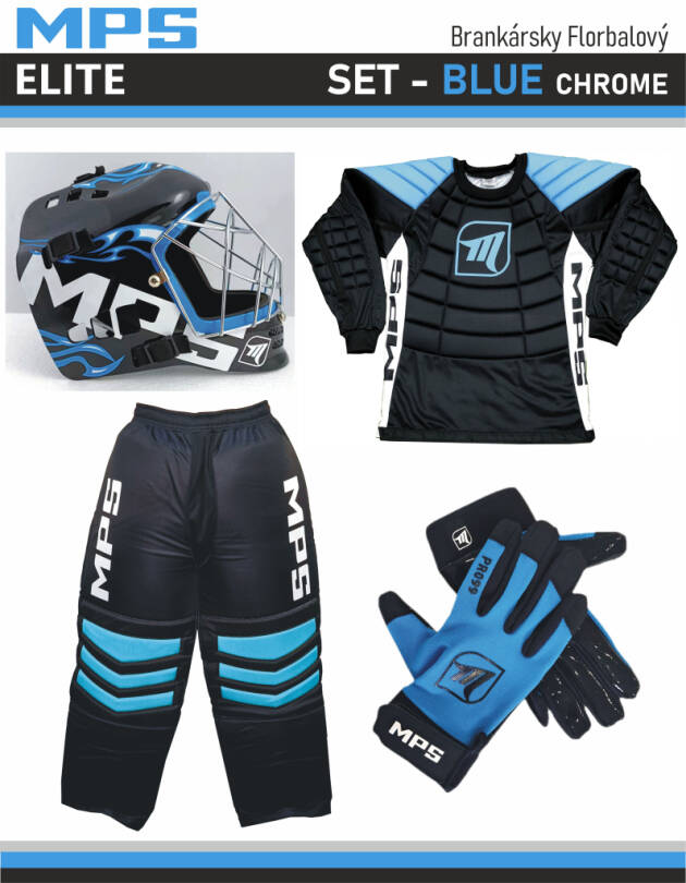 MPS ELITE zestaw bramkarski BLUE + kask Pro Flame - Blue/Chrome + Unihokejowe rękawice MPS