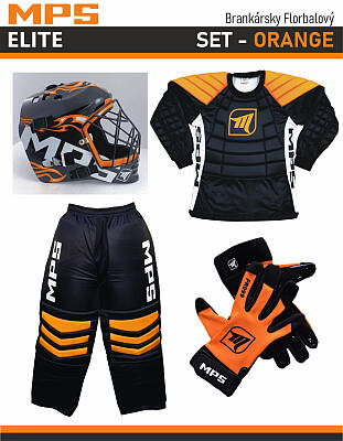 MPS ELITE zestaw bramkarski Orange + kask Pro Flame - Orange/Chrome + Unihokejowe rękawice MPS