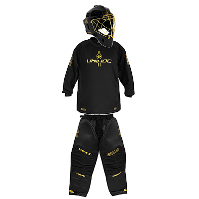 Unihoc zestaw bramkarski Alpha Evolab Black/gold + kask Unihoc Alpha Prime Evolab Gold