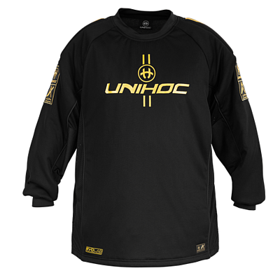 Unihoc zestaw bramkarski Alpha Evolab Black/gold + kask Unihoc Alpha Prime Evolab Gold